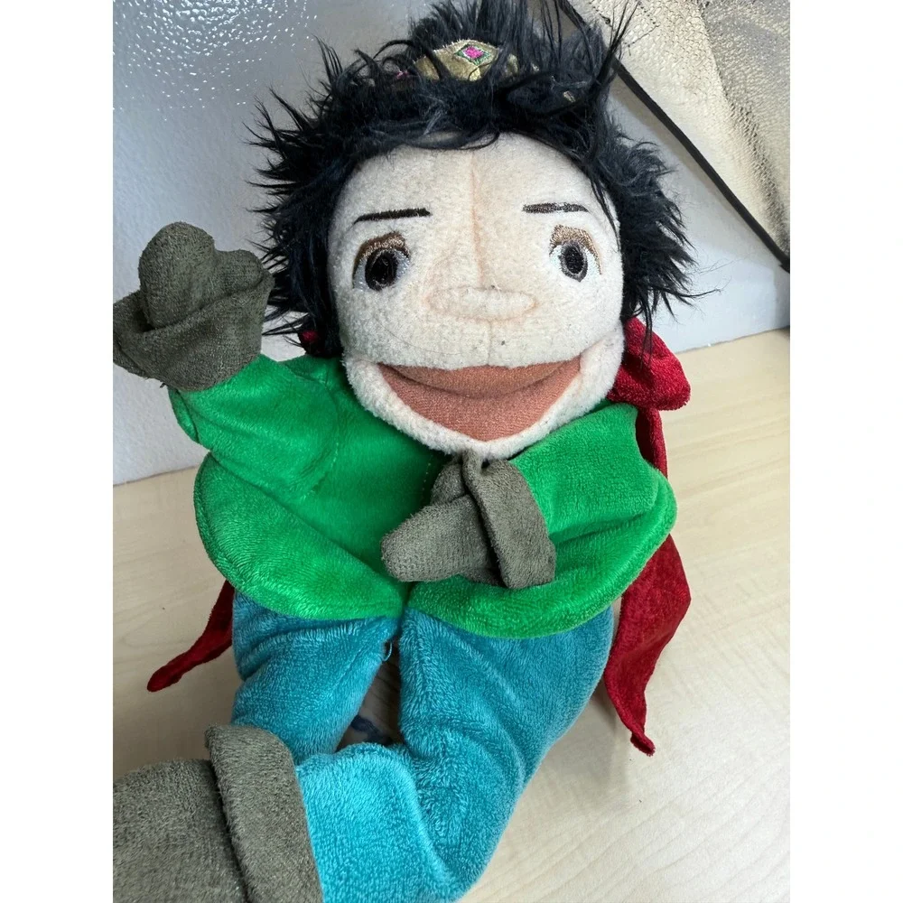 Prince Hero Hand Puppet with Red Velvet Dragon Crest Cape Black Hair Crown Plush
